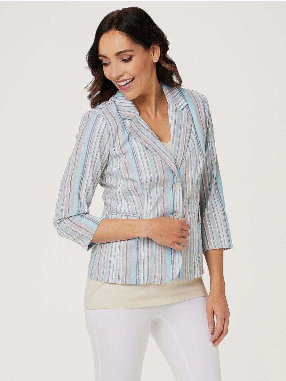Laurie Felt Women's Size 12 Stripe Crop Blazer Blue Brown White Stripes Stretch